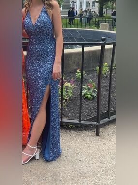 Sequin Split-Front Evening Gown - Blue